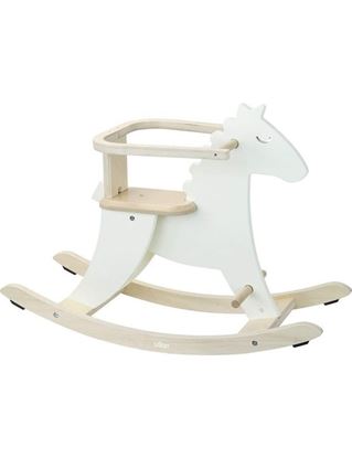 Cavallo a dondolo per bambini legno noce base bianca