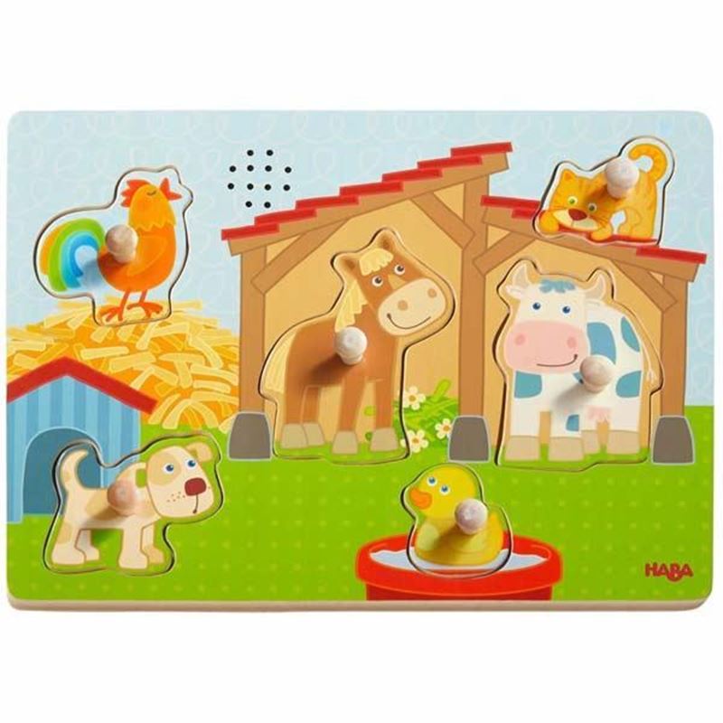 Puzzle sonoro in legno Animali della Fattoria con versi realistici, gioco educativo per bambini da 1 anno.