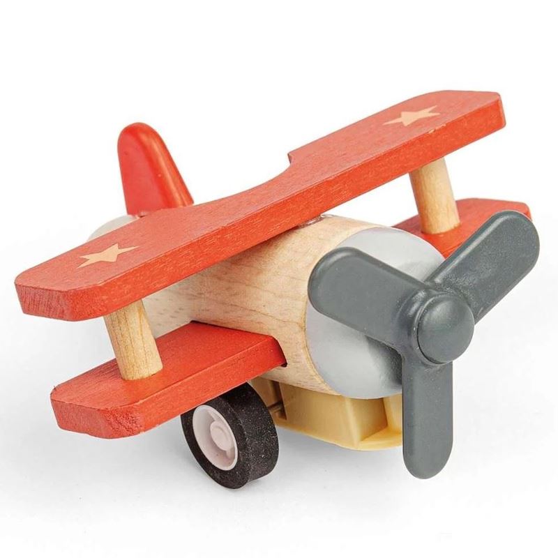 Aereo giocattolo in legno a retrocarica – biplano con elica girevole