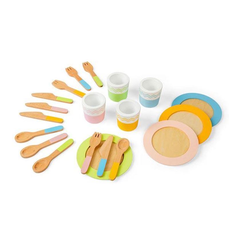 Set piatti, posate e bicchieri giocattolo in legno Bigjigs | Gioco cucina bambini
