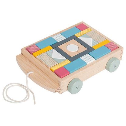 carrellino in legno con costruzioni colorate da tirare per bambini