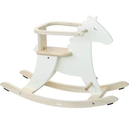 cavallo a dondolo in legno con protezioni rimovibili