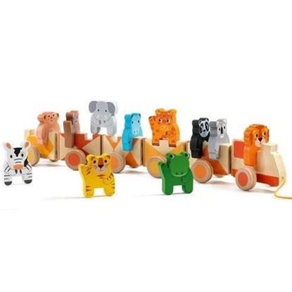 trenino in legno Djeco con animali colorati da impilare, gioco primipassi
