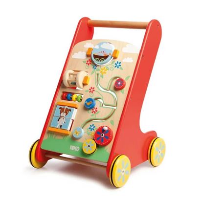 Carrello primi passi Montessori in legno con pannello sensoriale